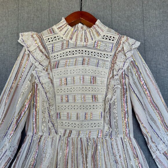 Sea New York Cream Metallic Striped Eyelet Ruffle Long Puff Sleeve Short Dress - Picture 4 of 17